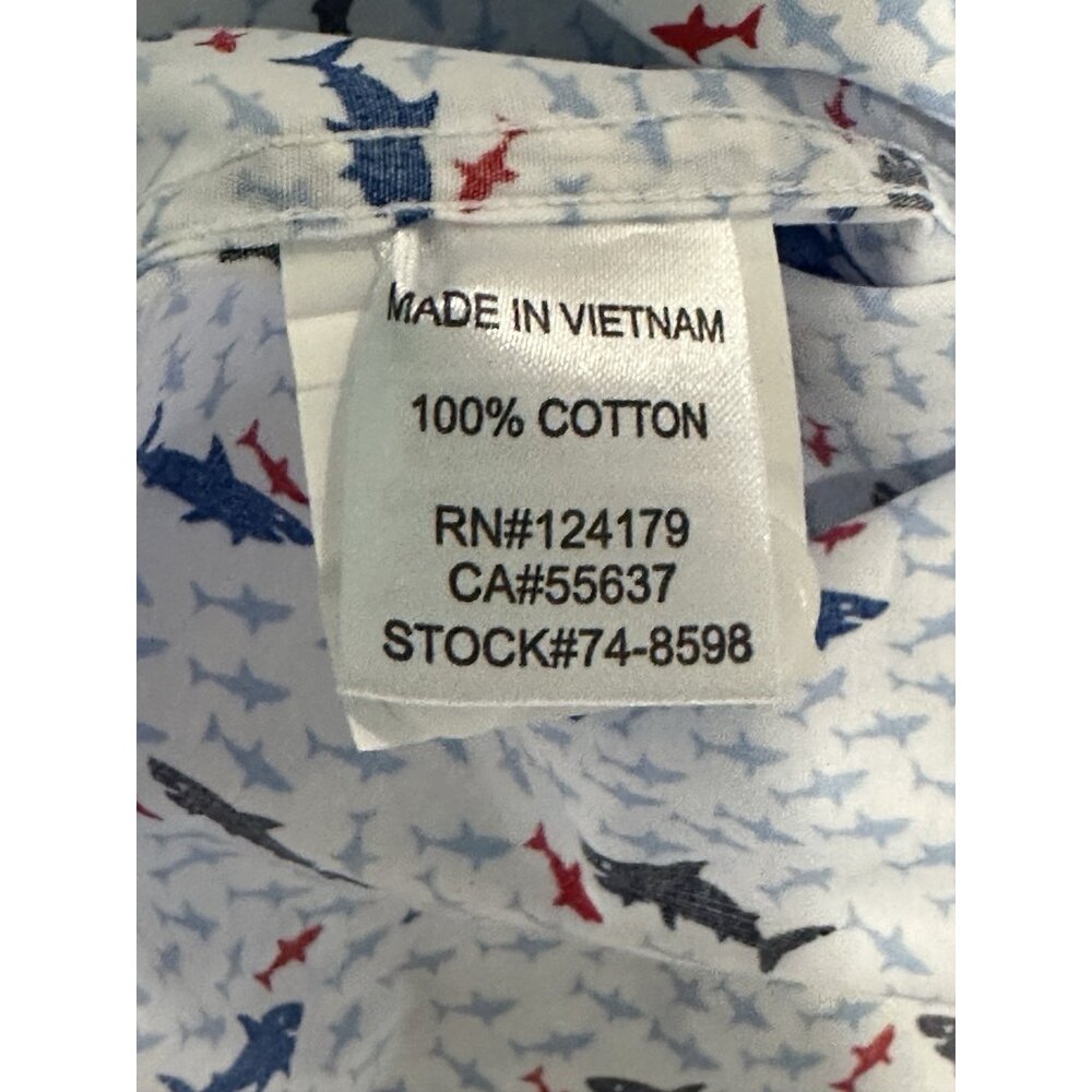 Johnston Murphy Men’s Large Shirt White Blue Geometric Shark Print Short Sleeve - Picture 9 of 11